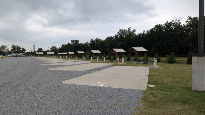 A long row of back-in sites at the Love's RV Stop in Cordele, GA