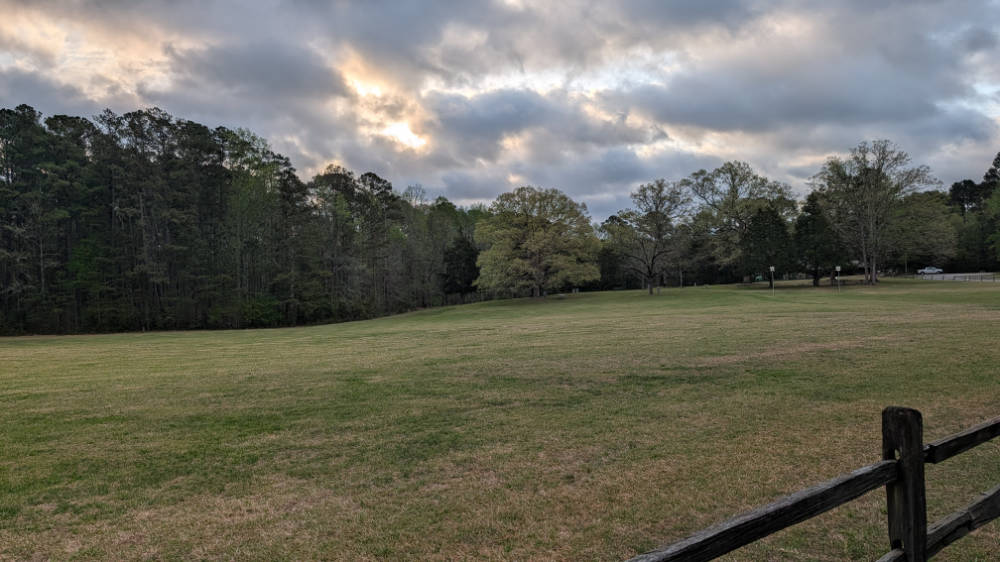 A large, open field (perfect for playing tag, soccer, catch, and more) in Medoc Mountain State Park