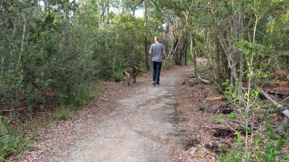 Jesse and Aiken walking on a dirt path through brushes and small trees along the Tideland Trail