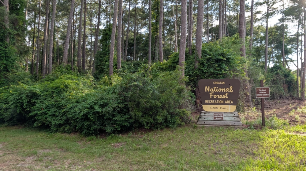 The sign for Croatan National Forest Recreation Area, Cedar Point