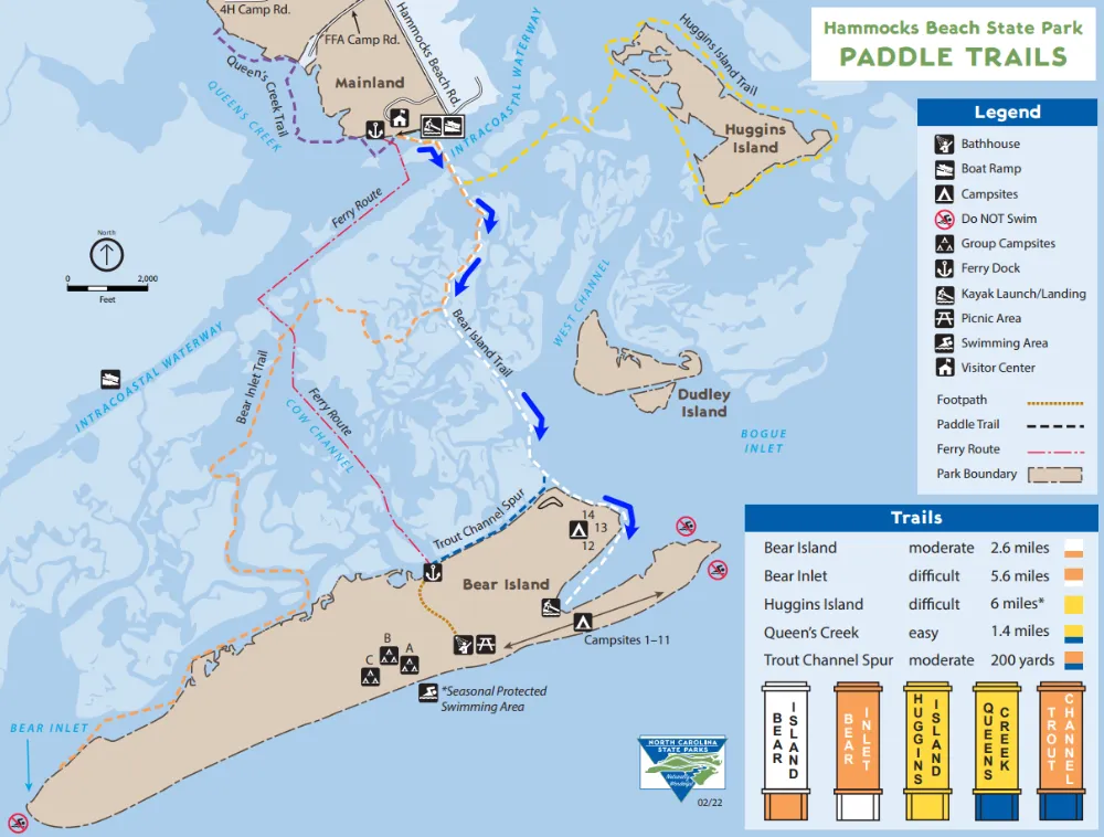A map with the paddle trails at Hammocks Beach State Park with arrows added to mark the route we took to Bear Island