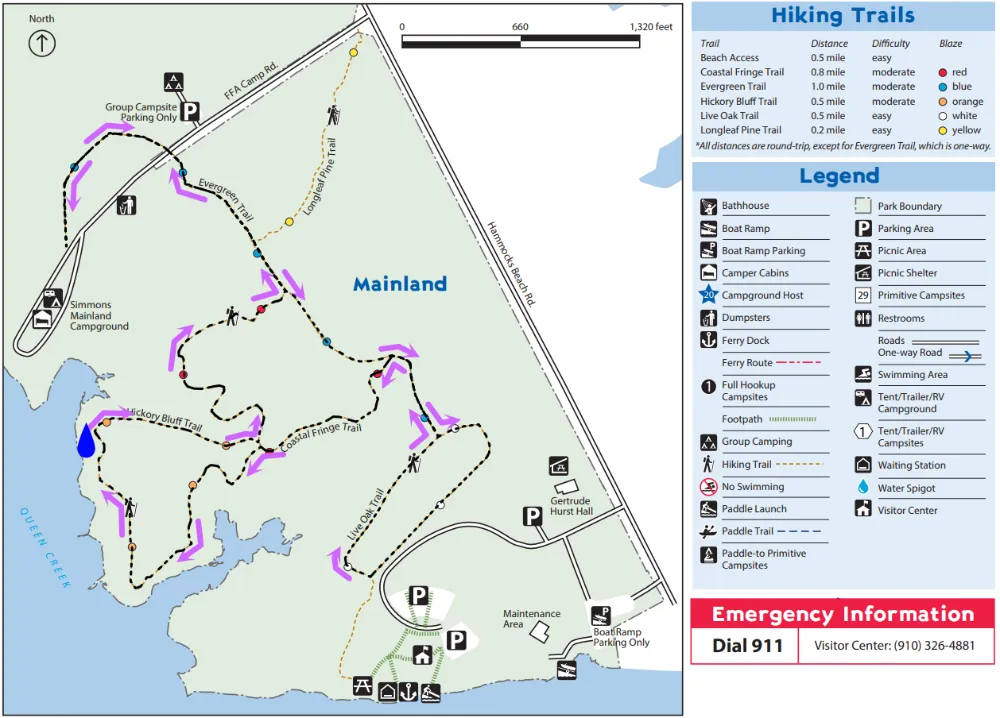 A traail map of Hammocks Beach State Park with added arrows to mark the oute Beth and Aiken took on their run