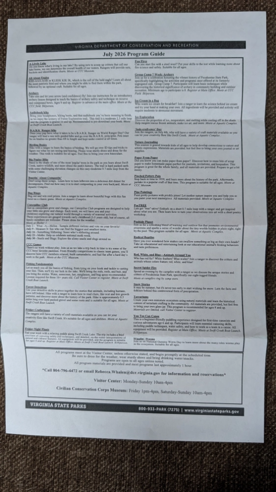 Program descriptions on the back of the program calendar for July 2026 in Pocahontas State Park in Chesterfield, VA
